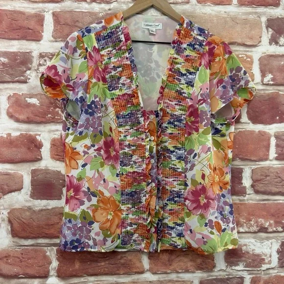 Coldwater Creek Blouse Women's Large Multicolor Floral Ruffle Button Front Shirt - Picture 2 of 9